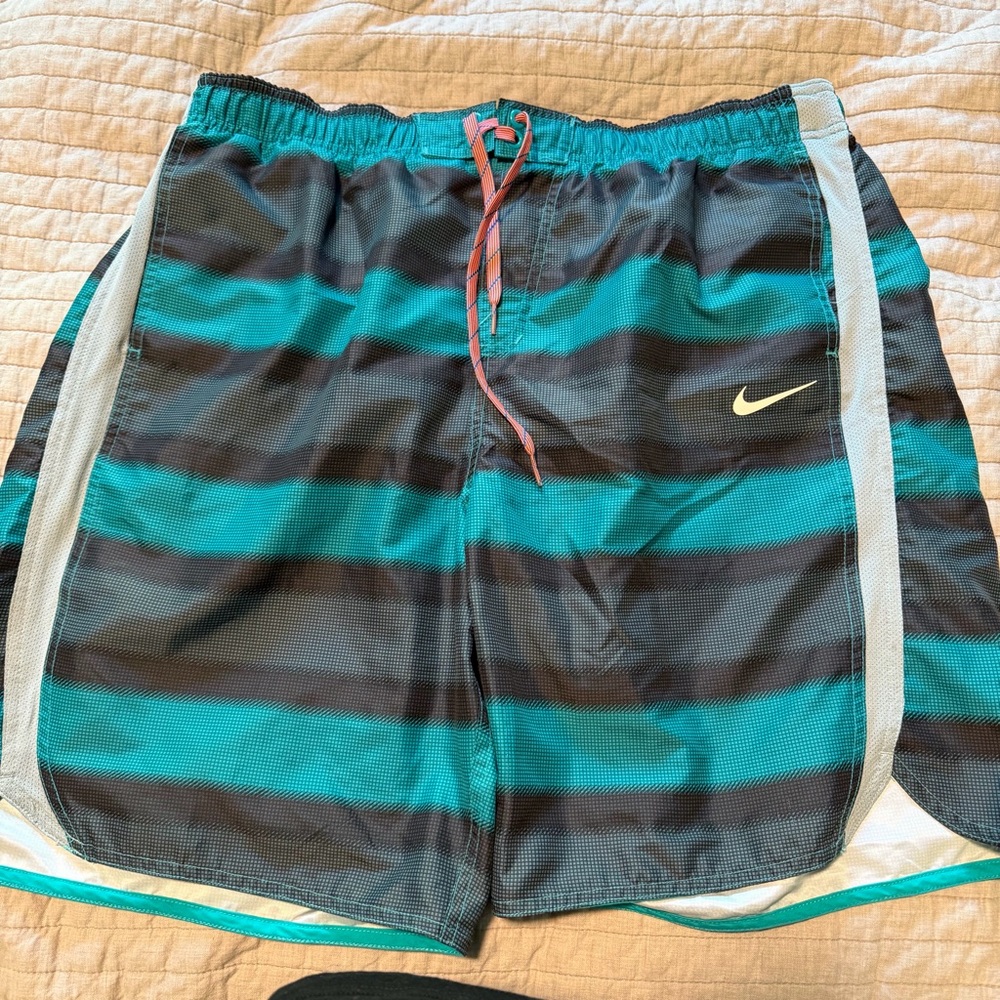 NWOT Nike Teal and Black Striped Swim Shorts
